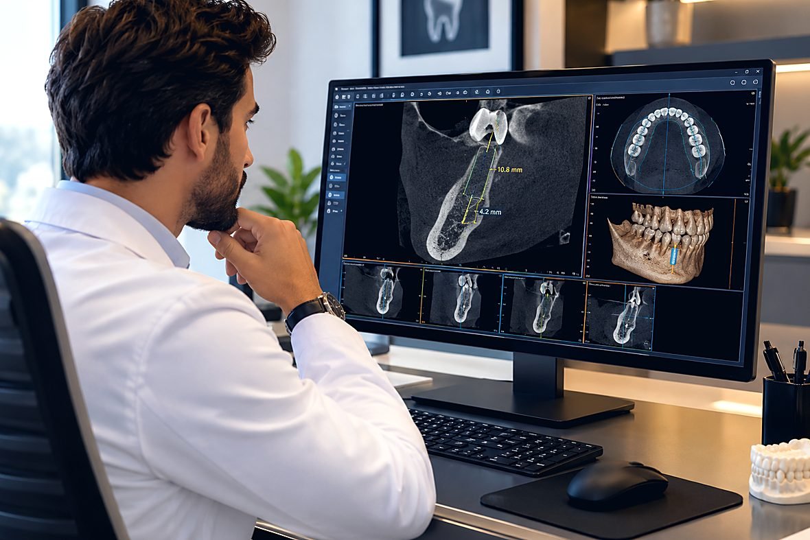 Radiologista analisando medidas em um corte de tomografia